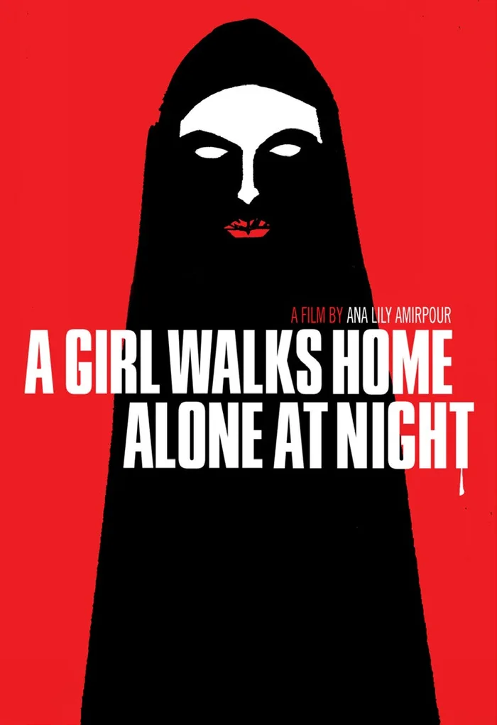 Cartaz do filme A Girl Walks Home Alone at Night, com a silhueta de uma mulher de xador sobre fundo vermelho