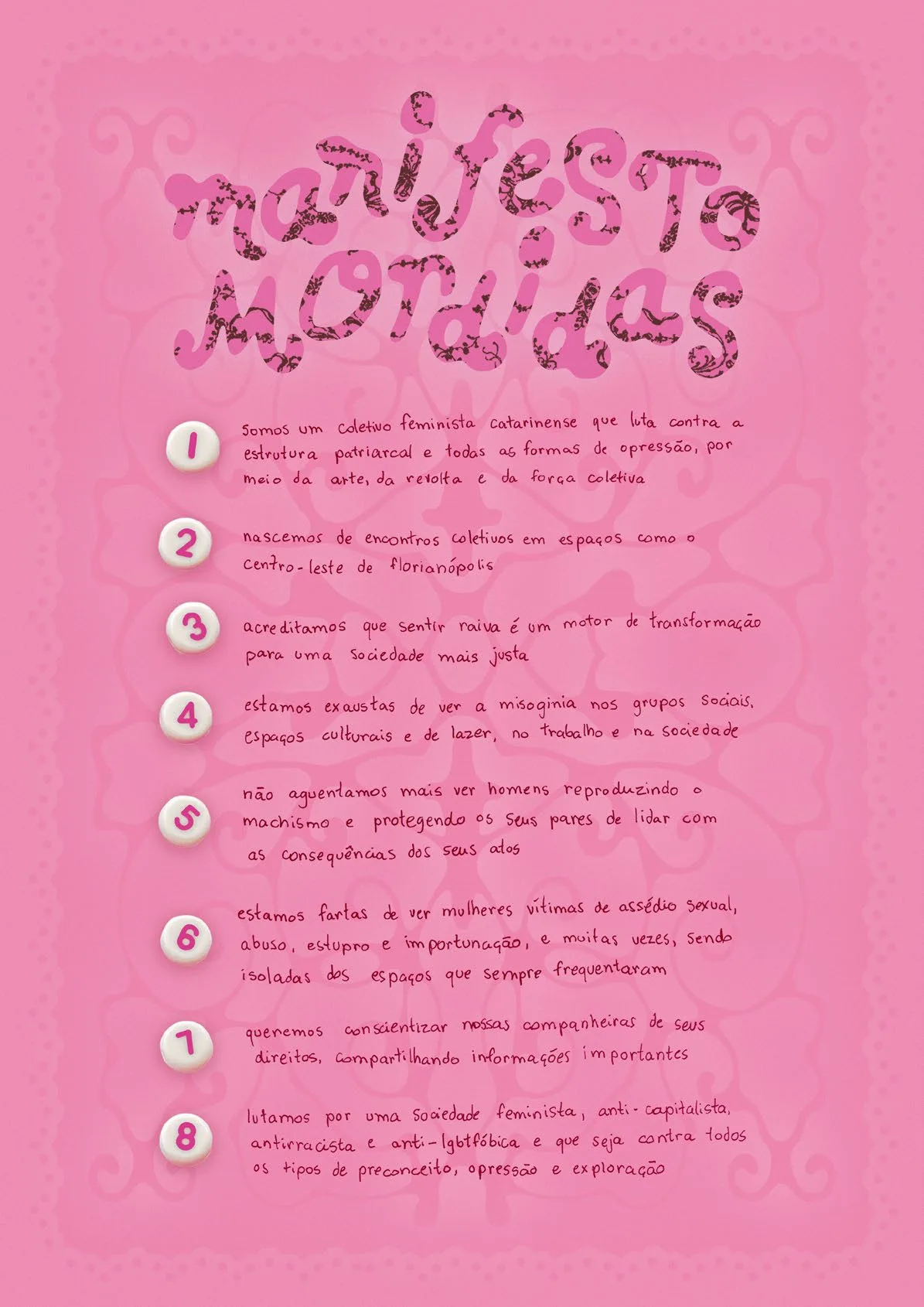 Cartaz rosa do Manifesto Mordidas 2026 com os oito pontos numerados